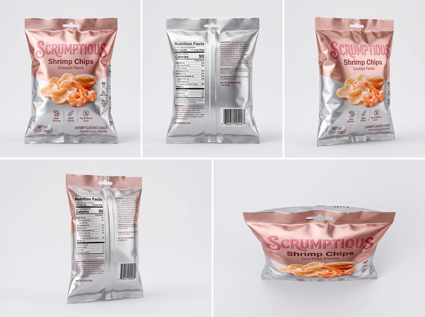 Shrimp chips pouch from five angles