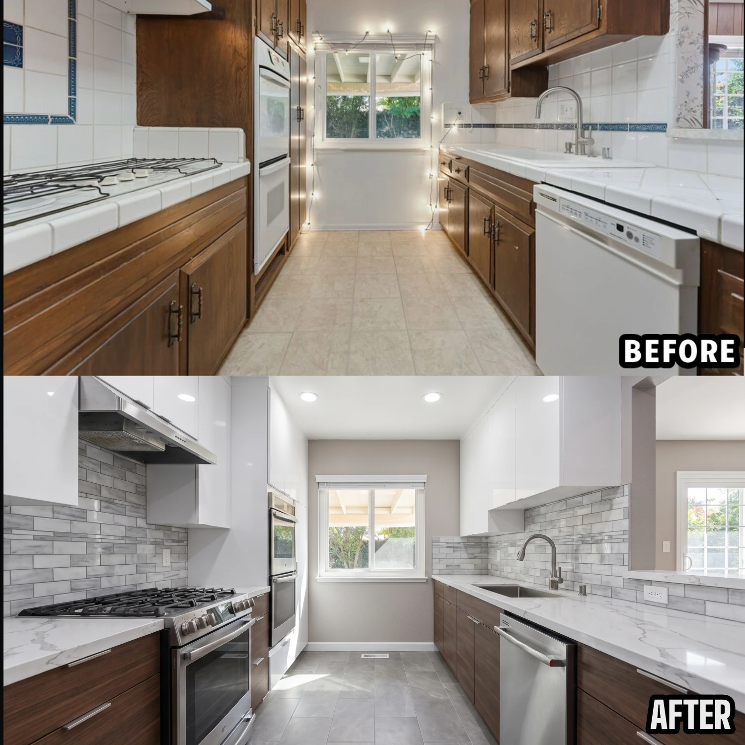 A kitchen remodel shown before and after, created with Build Timelapse