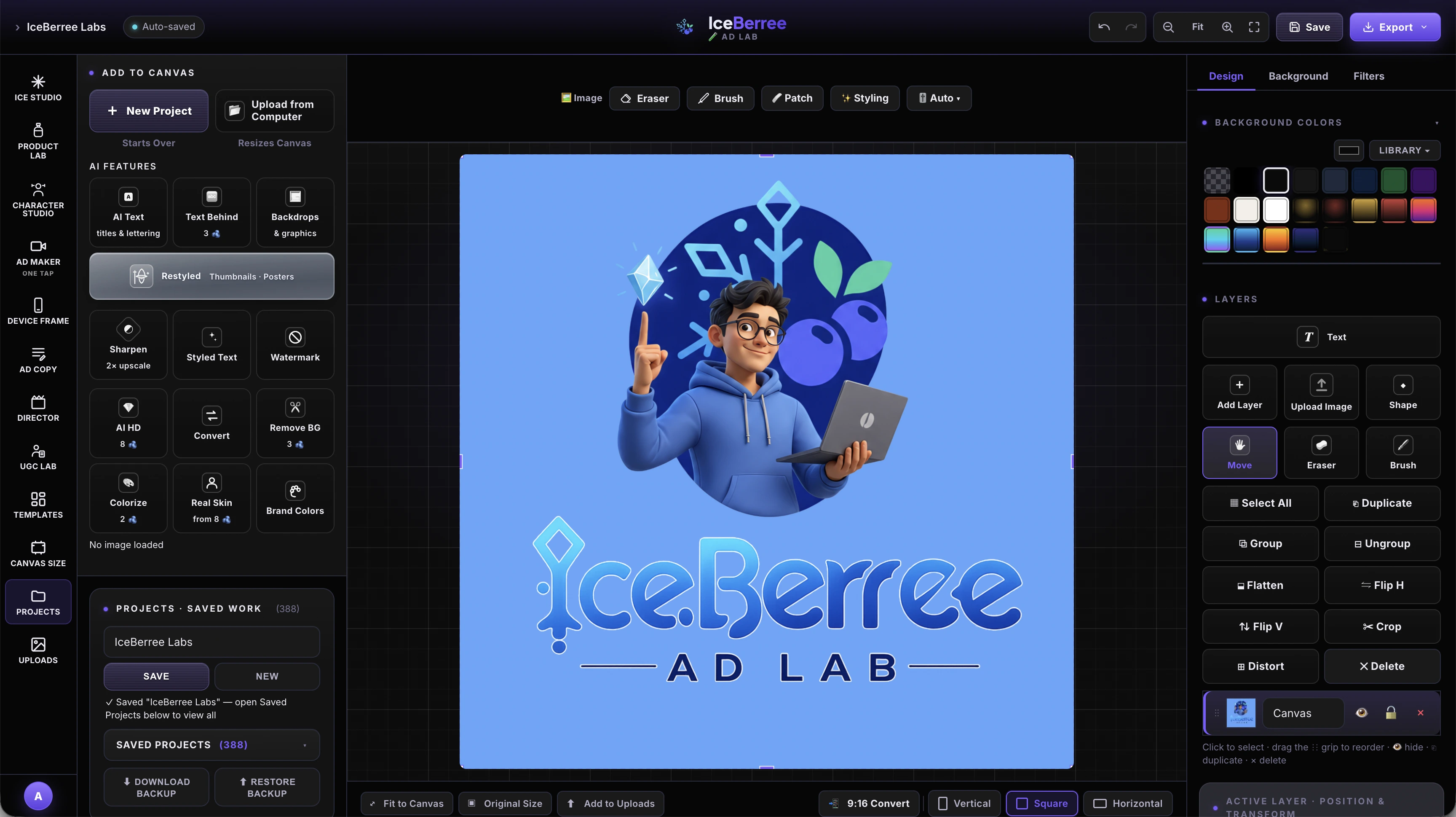IceBerree Ad Lab — the canvas, creative rail and layer tools