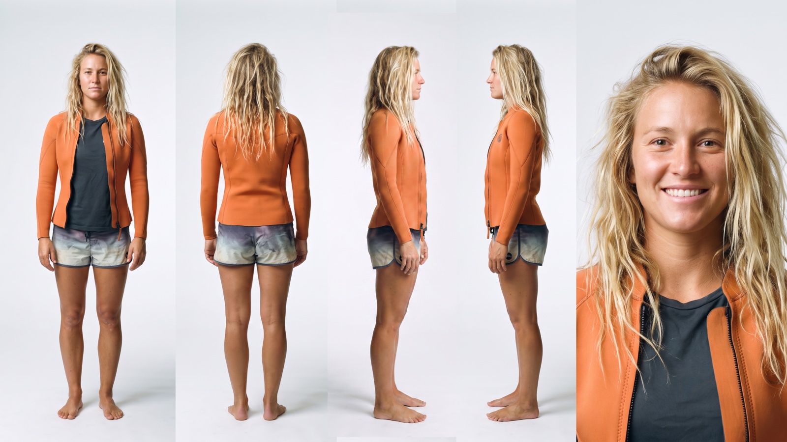 A character sheet — the same person from the front, back, both sides and a face close-up