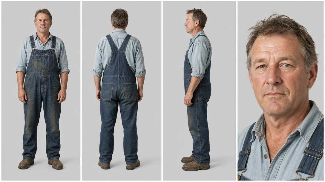 A character turnaround on a neutral backdrop