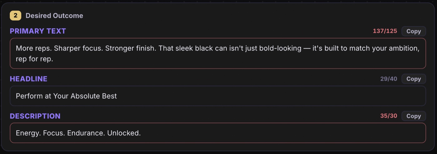 Ad Copy output — primary text, headline and description with live character counts